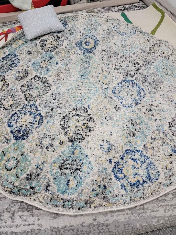 Aqua Blue Ivory Round Area Rug 7x7 ft Rug