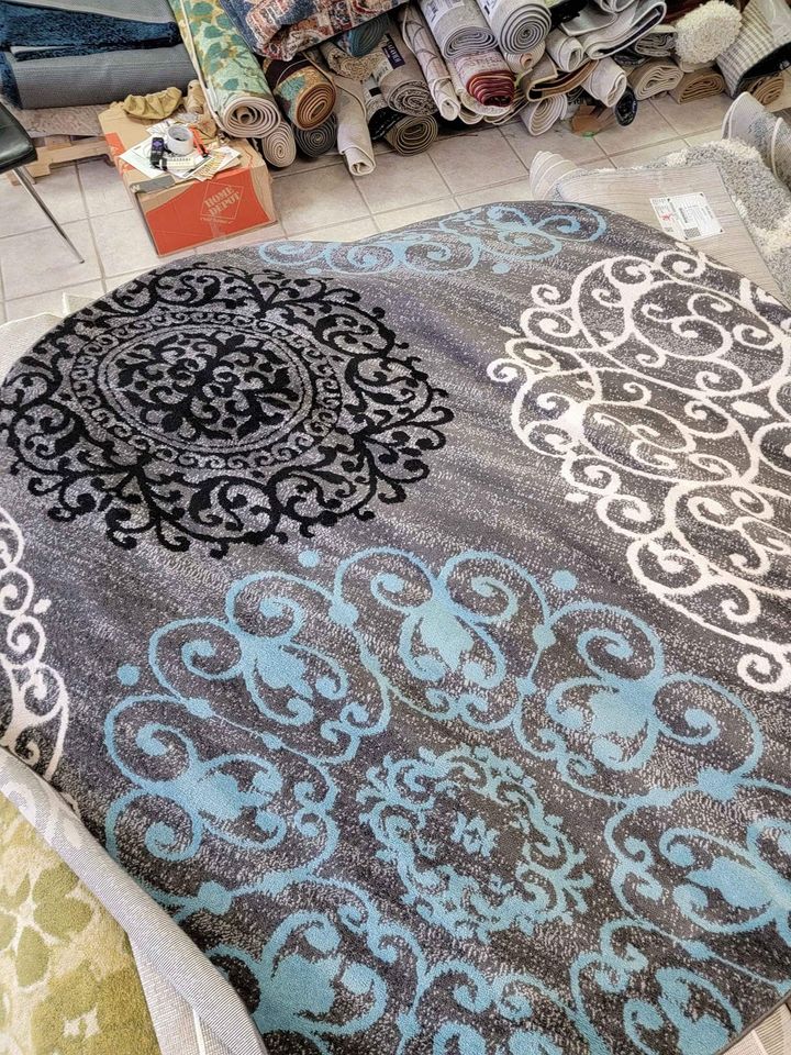 Motifs Grey Blue rug 6'6x6'6ft Round Area Rug