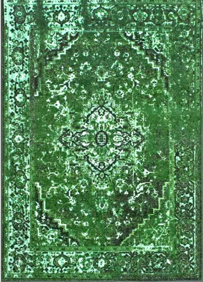 Vintage Reiko Green Area Rug 6'7x9 Green Black Medallion Area Rug
