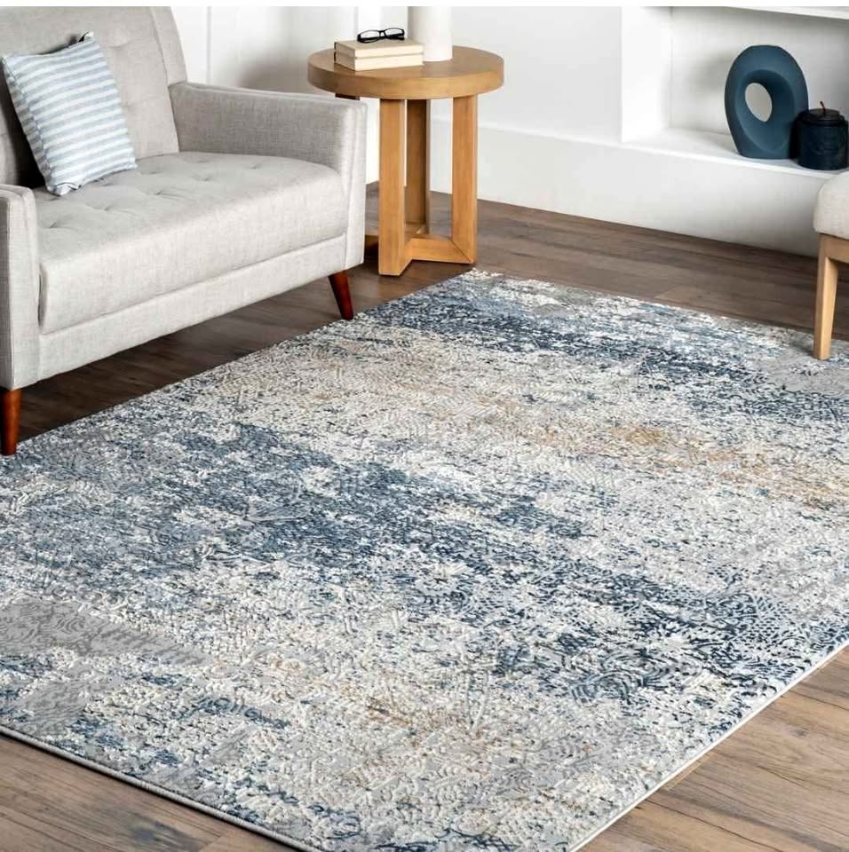 8x10 Blue & Beige Abstract Watercolor Area Rug – Contemporary Coastal Style Rug
