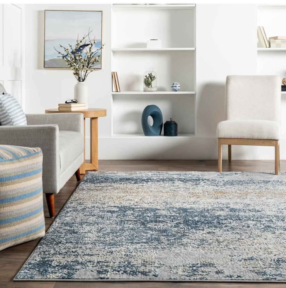 8x10 Blue & Beige Abstract Watercolor Area Rug – Contemporary Coastal Style Rug