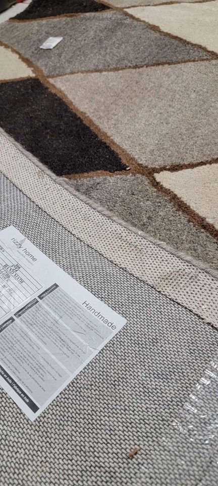 Handmade Wool Area Rug 8x10 ft Geometric Grey Ivory Brown Rug