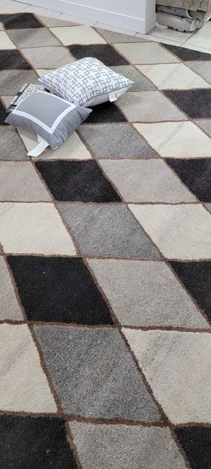 Handmade Wool Area Rug 8x10 ft Geometric Grey Ivory Brown Rug