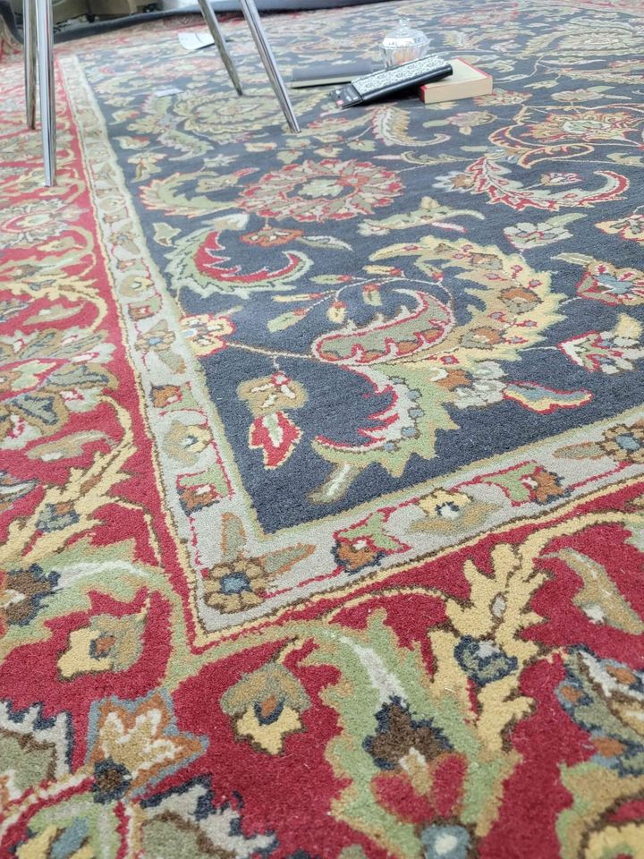 Classic Vintage Rug 8x10 Red Grey Navy Hand tufted Wool Area Rug