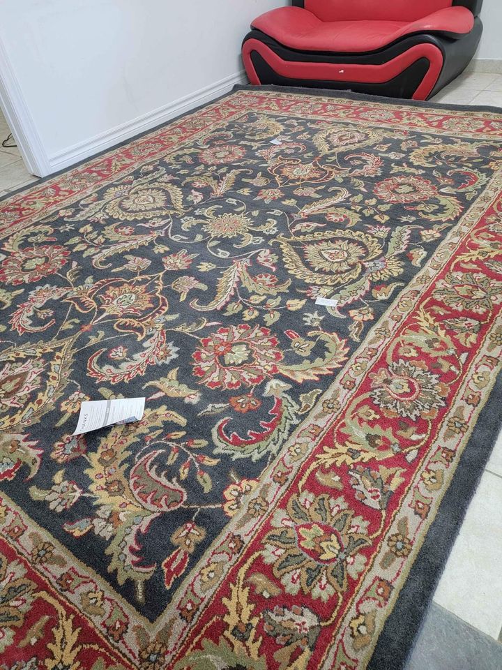 Classic Vintage Rug 8x10 Red Grey Navy Hand tufted Wool Area Rug