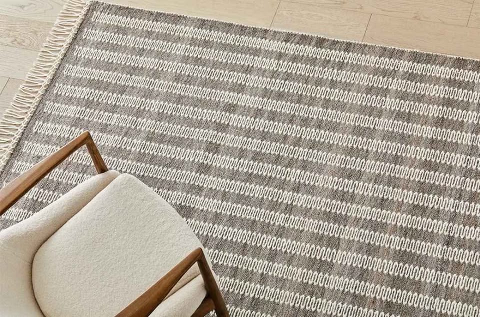 Striped Arearug. Fringed Grey Rug, Farmhouse Style Rugs, Brown and White Stripes Rug, Living Room Area Rug, Coastal Area Rug