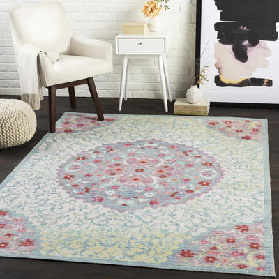 Flatweave Polyester 7'10 x 10ft Turquoise Pink Ivory Area Rug
