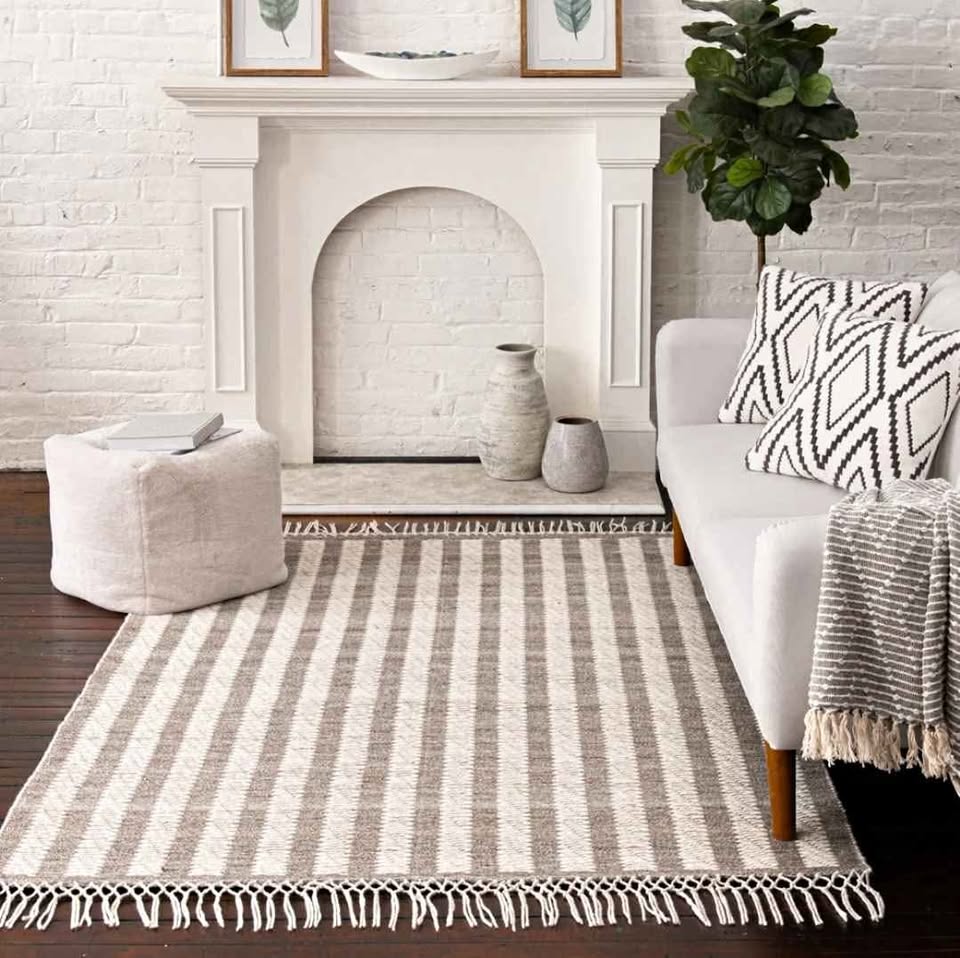 Striped Arearug. Fringed Grey Rug, Farmhouse Style Rugs, Brown and White Stripes Rug, Living Room Area Rug, Coastal Area Rug