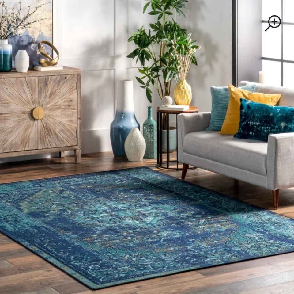 8'10x12 Mystique Wool Area Rug. Blue Multi Medallion Area Rug with Rubber Backing – Vintage Reiko Style