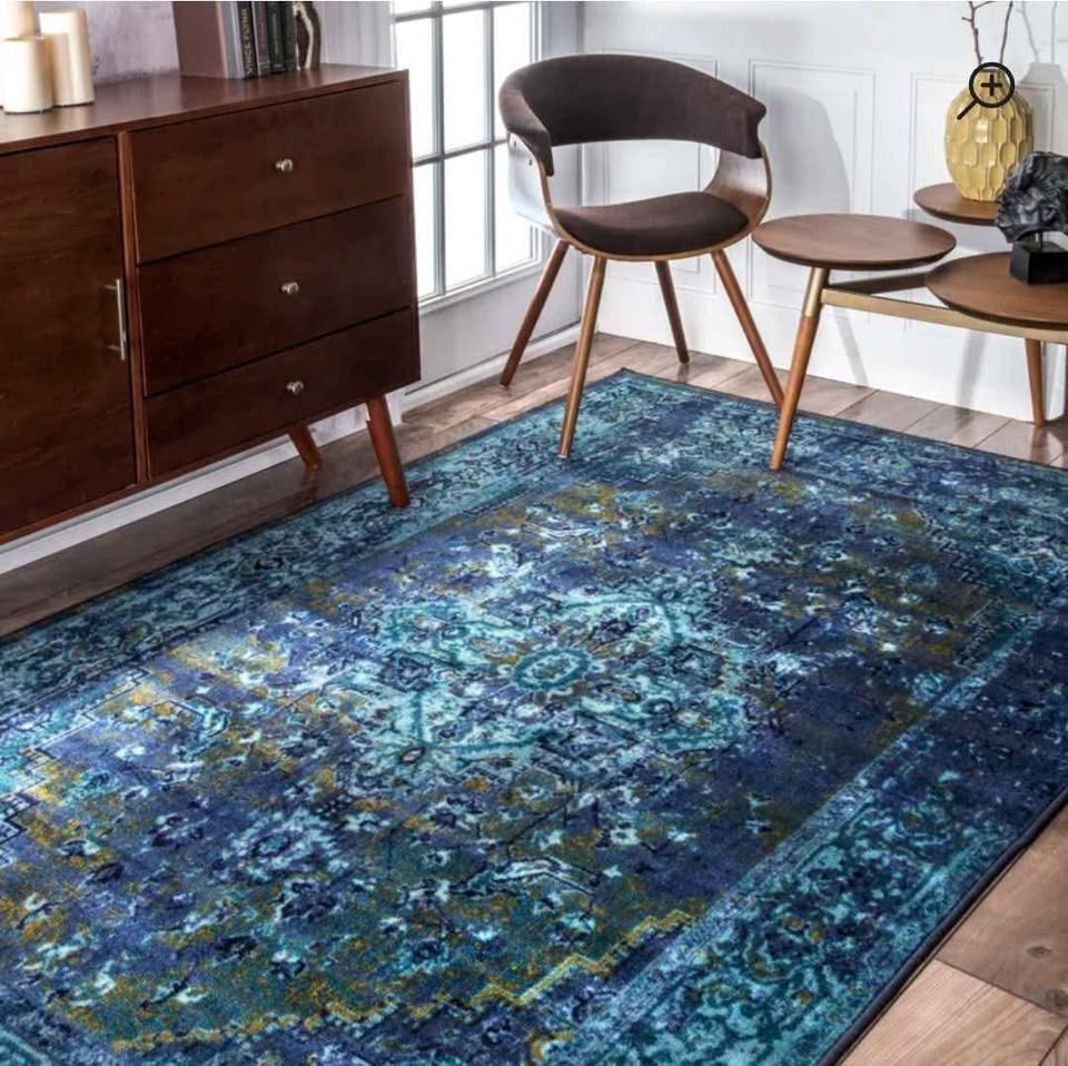 8'10x12 Mystique Wool Area Rug. Blue Multi Medallion Area Rug with Rubber Backing – Vintage Reiko Style