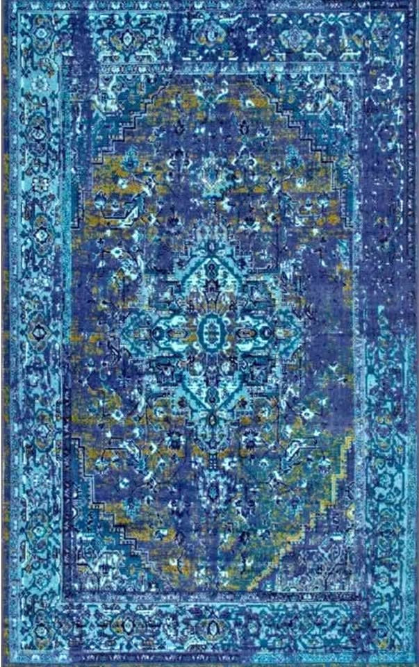 8'10x12 Mystique Wool Area Rug. Blue Multi Medallion Area Rug with Rubber Backing – Vintage Reiko Style