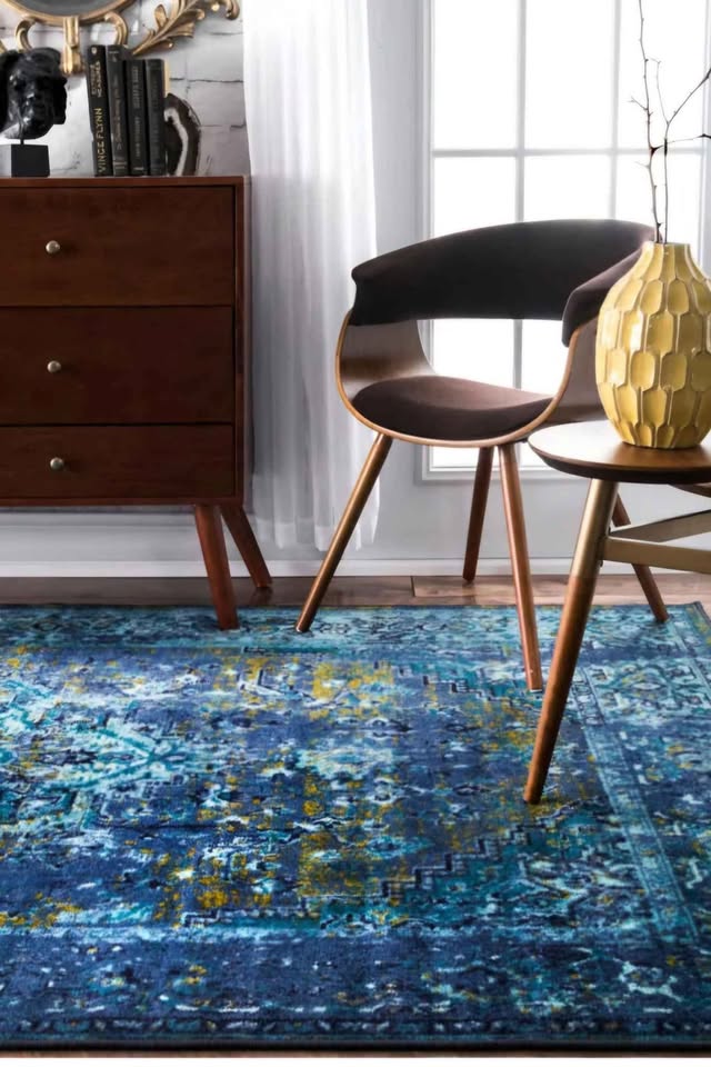 8'10x12 Mystique Wool Area Rug. Blue Multi Medallion Area Rug with Rubber Backing – Vintage Reiko Style