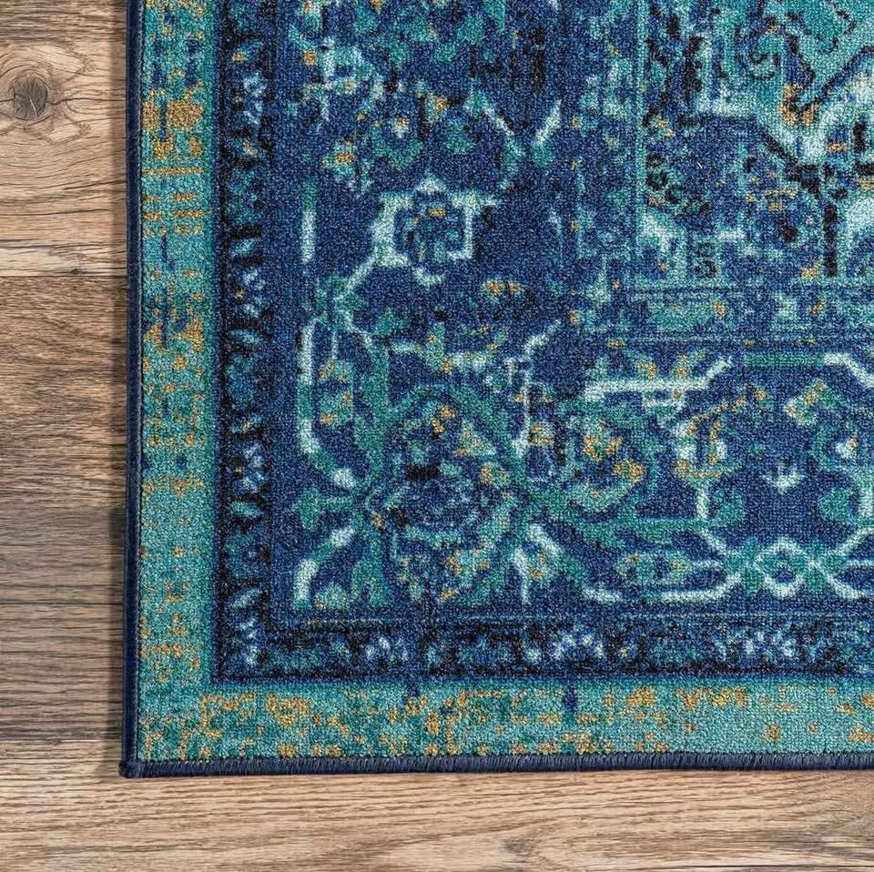 8'10x12 Mystique Wool Area Rug. Blue Multi Medallion Area Rug with Rubber Backing – Vintage Reiko Style