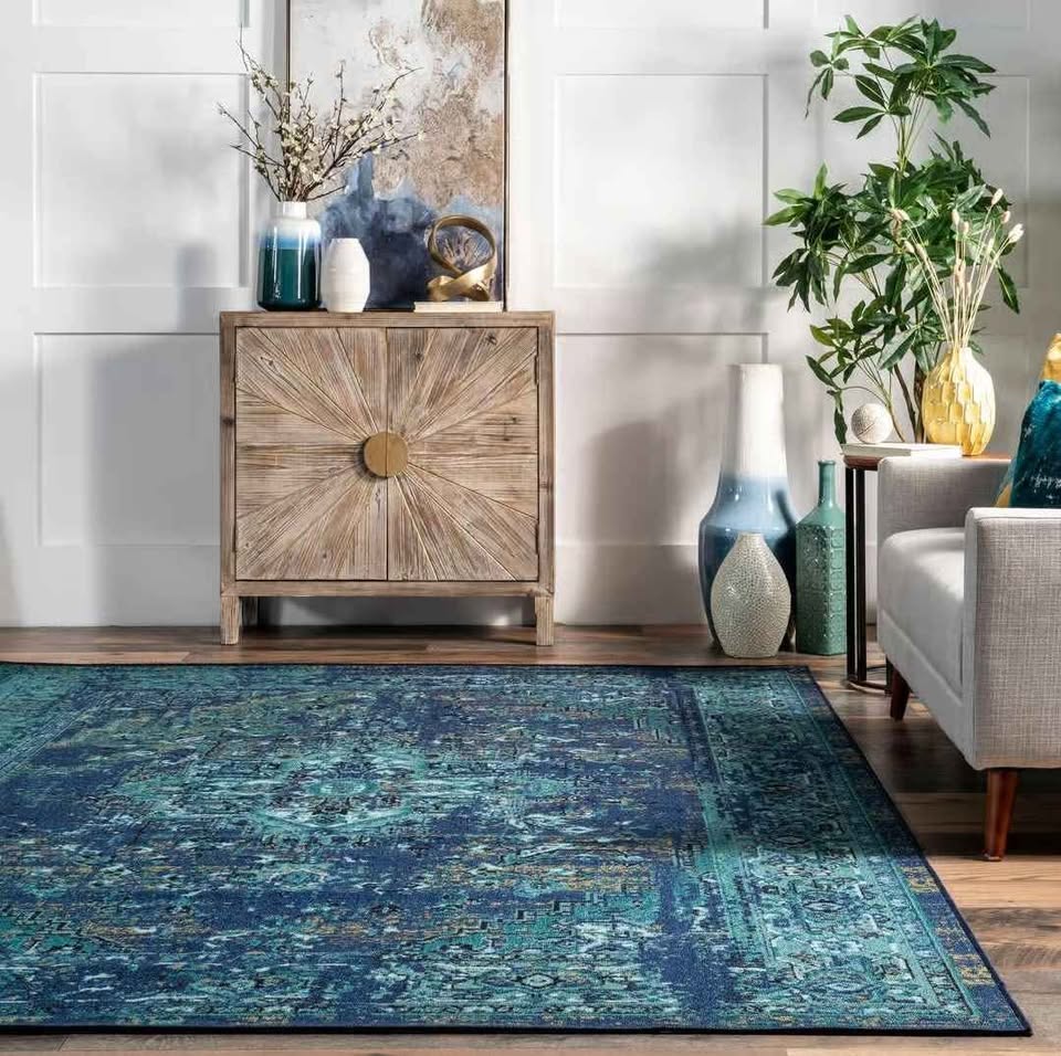 8'10x12 Mystique Wool Area Rug. Blue Multi Medallion Area Rug with Rubber Backing – Vintage Reiko Style