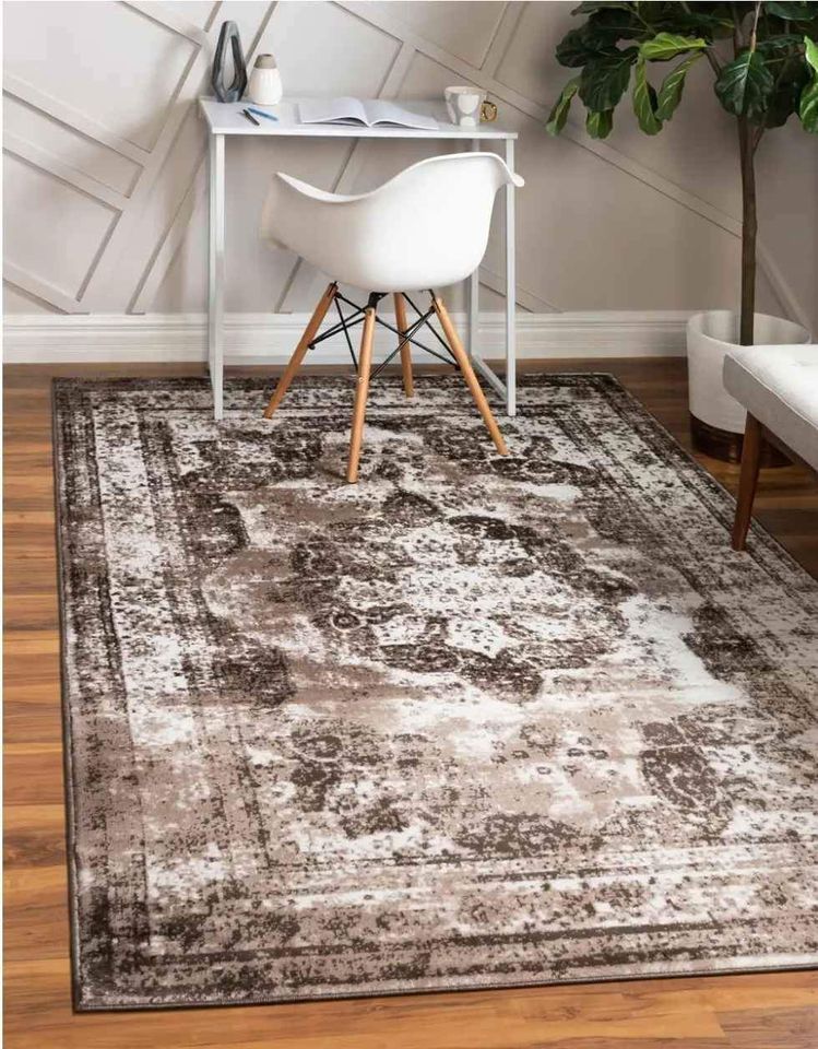Brown Beige Ivory Medallion Area Rug | 9' x 12'