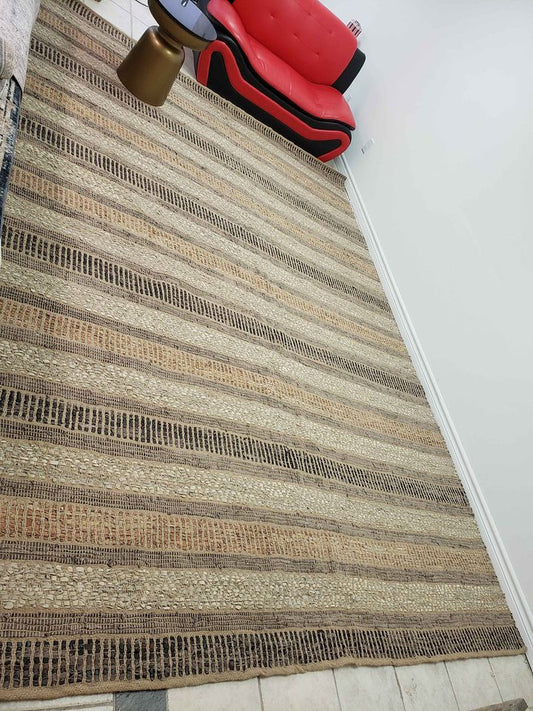 Chocolate Stripe Jute & Leather Area Rug 9x12 ft Carpet