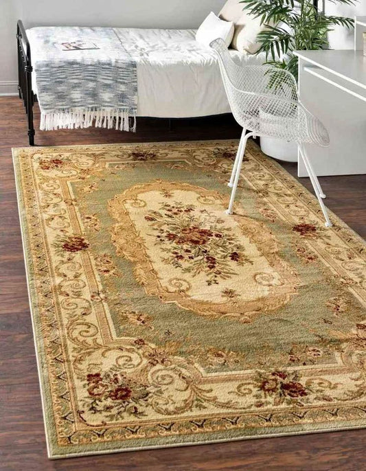 Classic Aubusson Rug 10ft x 13ft Green Tan Rust Area Rug