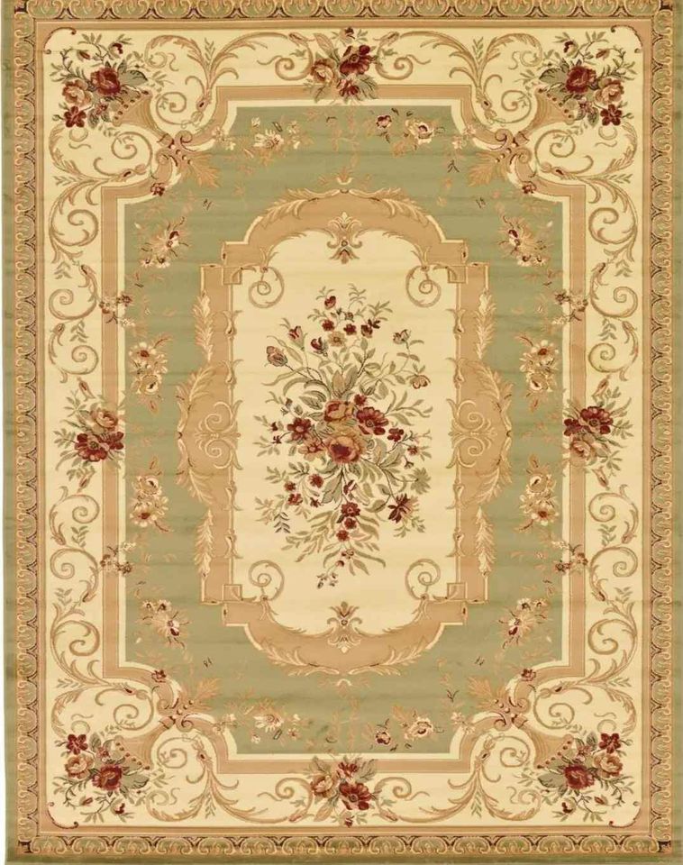 Classic Aubusson Rug 10ft x 13ft Green Tan Rust Area Rug