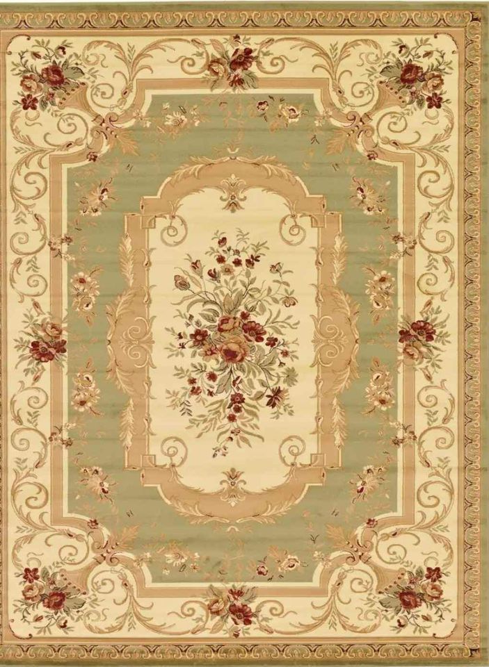 Classic Aubusson Rug 10ft x 13ft Green Tan Rust Area Rug