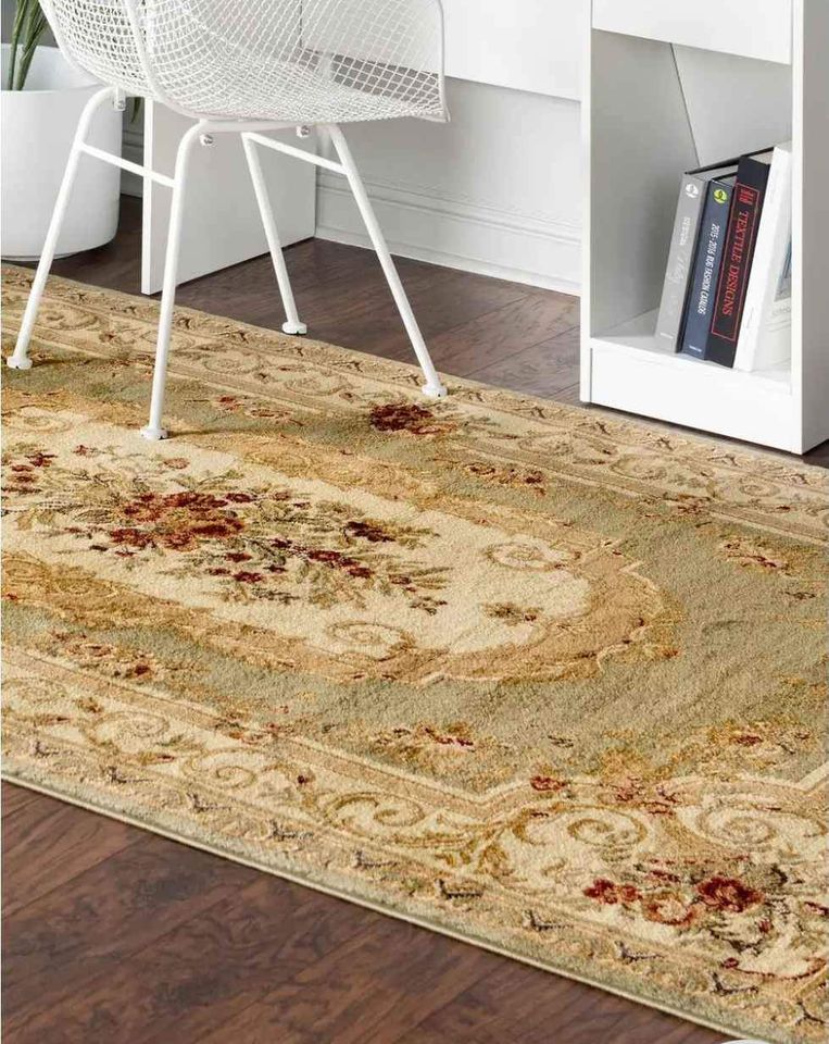 Classic Aubusson Rug 10ft x 13ft Green Tan Rust Area Rug