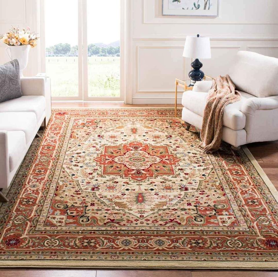 Beige Cream Medallion Area Rug 6x9 ft Red Vintage