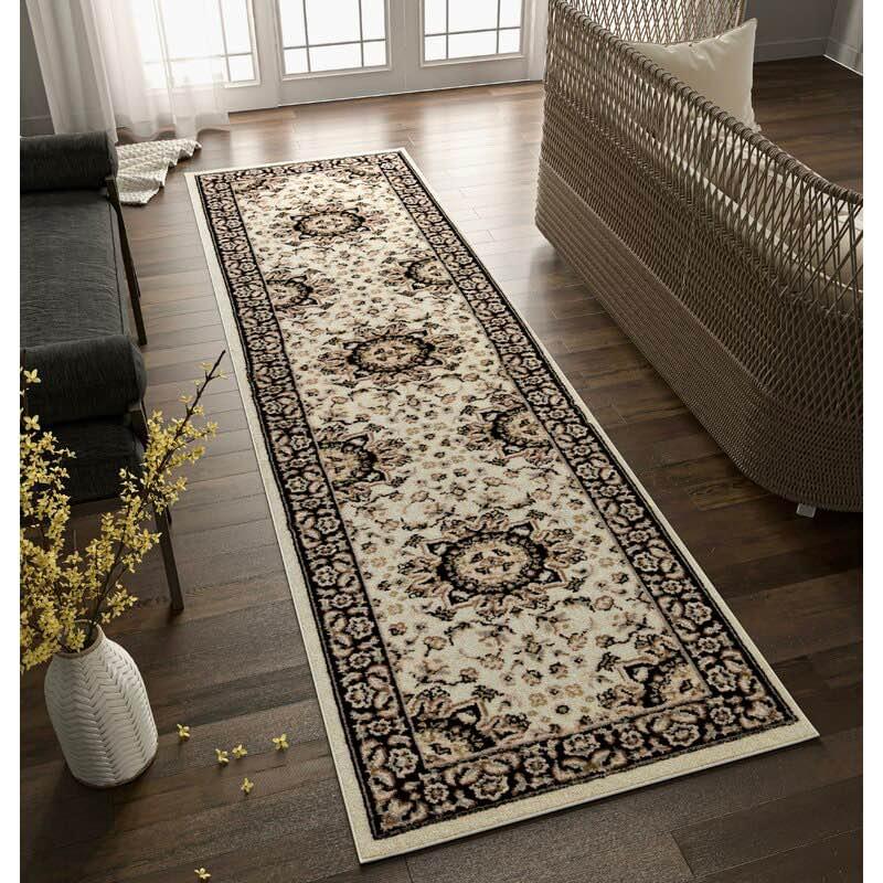 Ivory and Black Runner Rug 2x8 Hallway Area rug