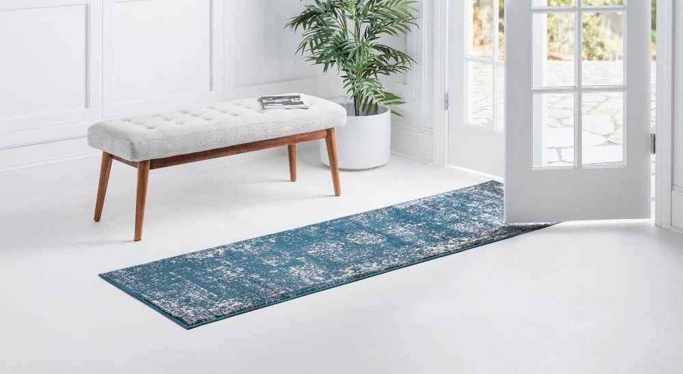 Blue Ivory Area Runner Rug | 3.6' x 16' Hallway Rug