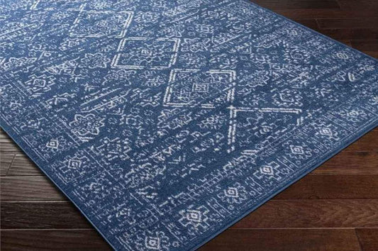 Blue Ivory Geometric Area Rug 8x10 Low pile Area rug