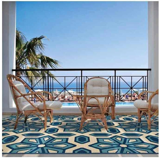 Mediterranean blue and bright Ivory Outdoor Round Rug 8ft R