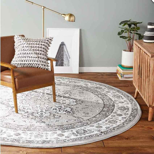 Grey Ivory Traditional Round Area Rug 8x8 ft