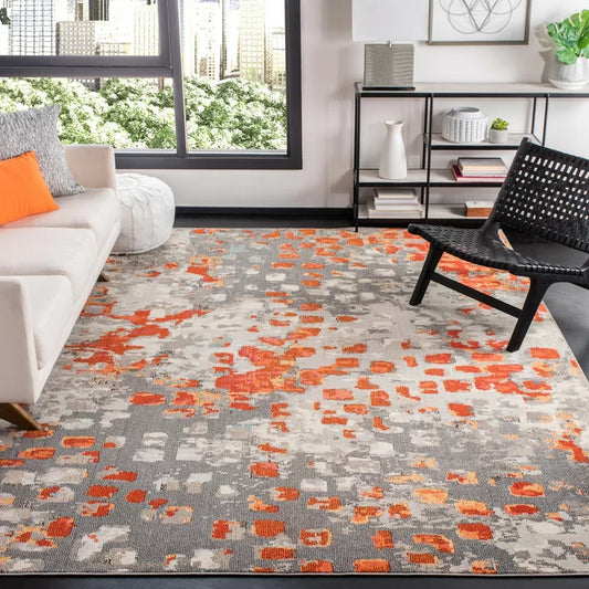 Abstract Area Rug Grey Orange Carpet | 5.7' x 7.6'