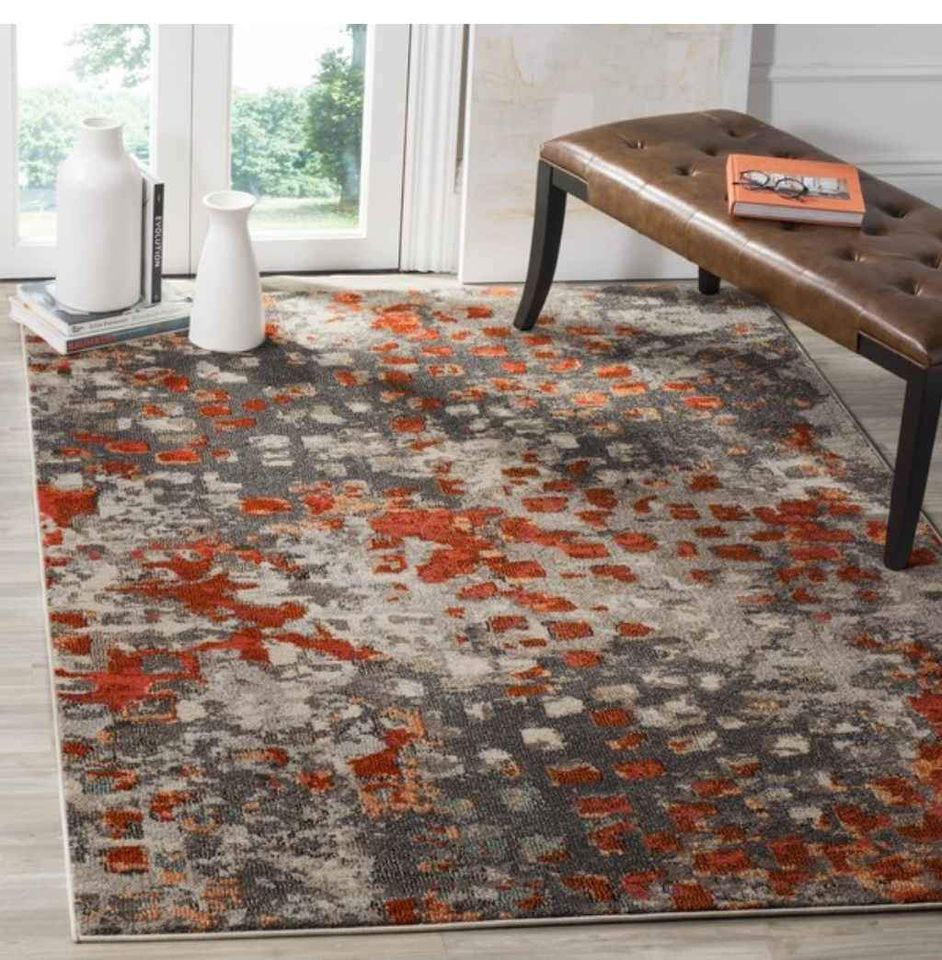 Abstract Area Rug Grey Orange Carpet | 5.7' x 7.6'