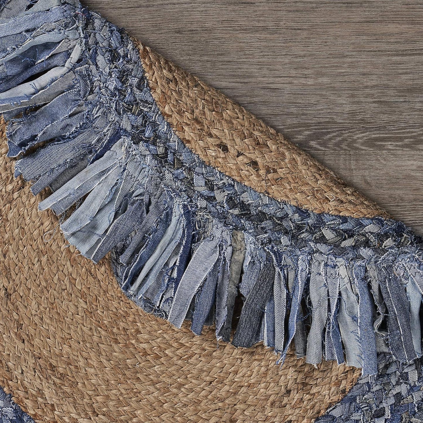 Ivory Blue Denim Tassel Round Jute Rug | 7' x 7'