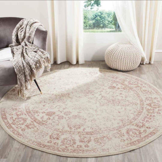 Chic Distressed Rug Ivory Pink Round Area Rug 6.7x6.7 ft