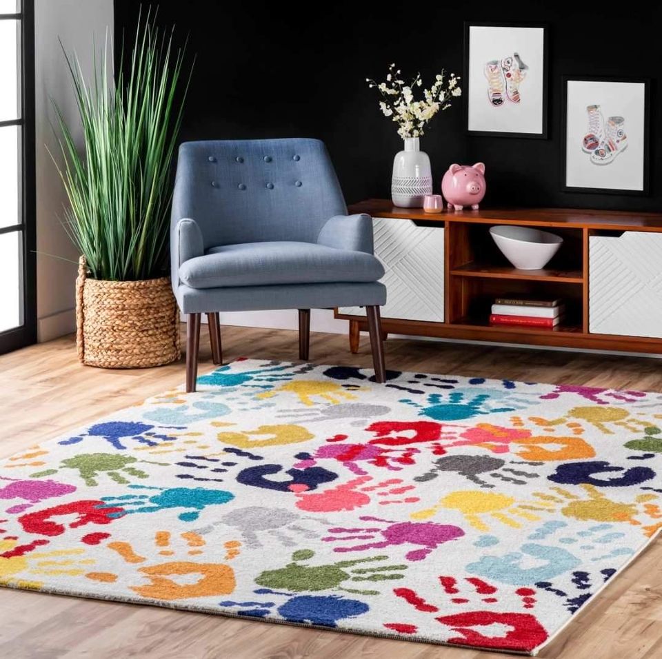 Hand-print Impressionist Area rug 8x10 Red Yellow Ivory Carnival Area Rug