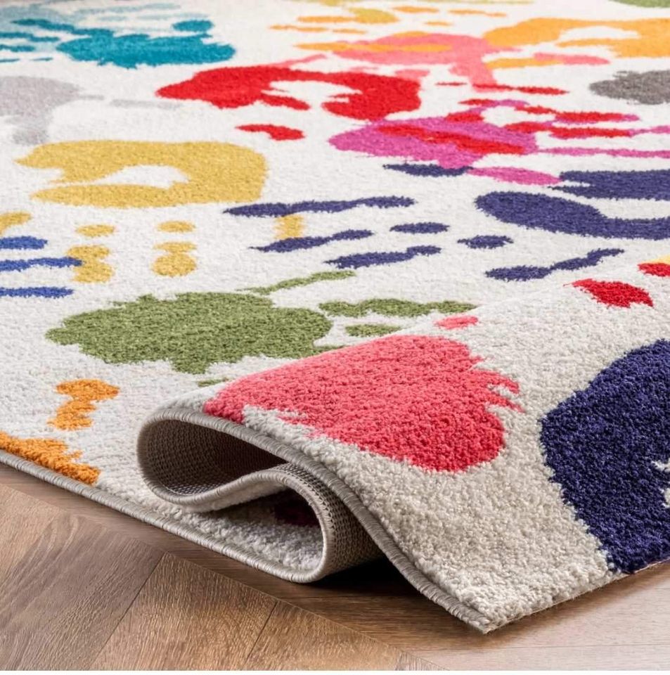 Hand-print Impressionist Area rug 8x10 Red Yellow Ivory Carnival Area Rug