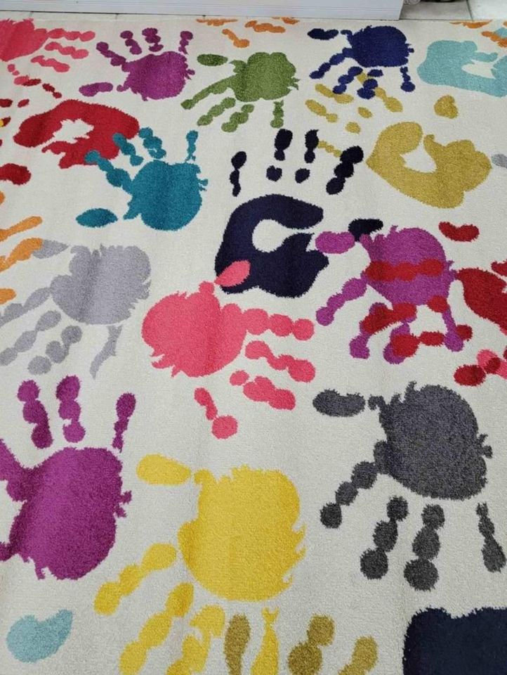 Hand-print Impressionist Area rug 8x10 Red Yellow Ivory Carnival Area Rug