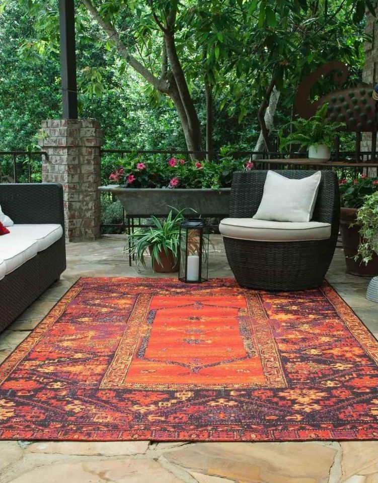 Red Orange Blue Multi Indoor Outdoor Area Rug | 8' x 10'