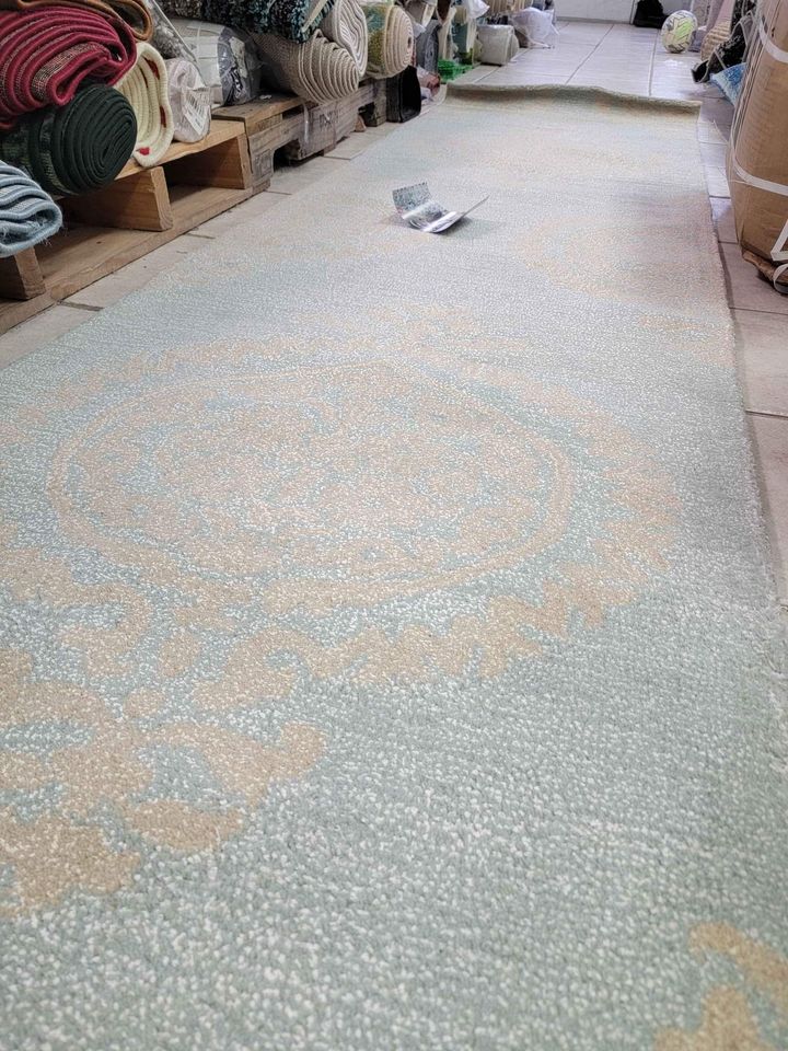Turquoise Beige Wool Runner Rug 2'7 x 10 ft