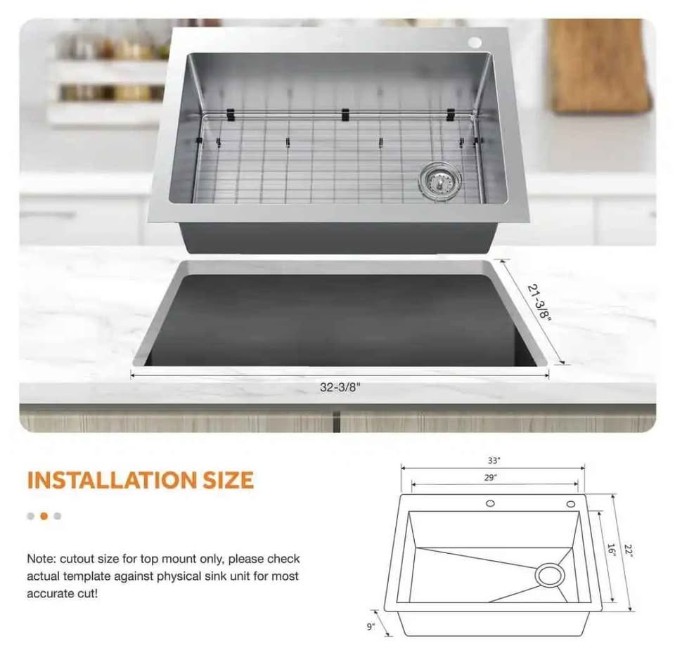 33" Drop-In Single Bowl Stainless Steel Kitchen Sink + Pull Down Faucet