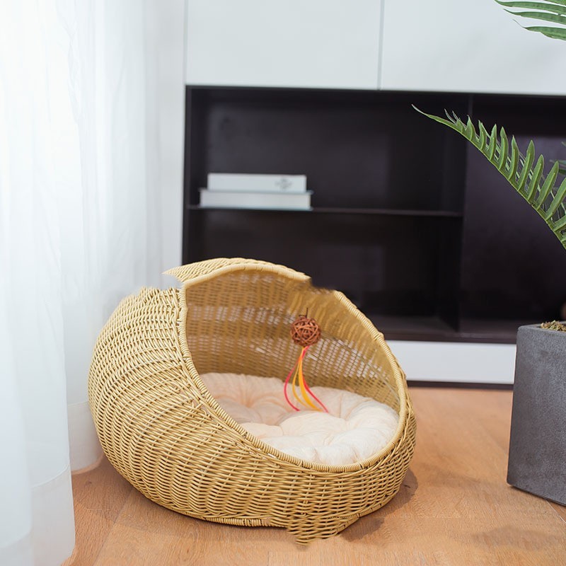 Woven Cat And Pet Nest Cozy Gourd-Shaped Cat Bed – Stylish Rattan-Like Plastic Design