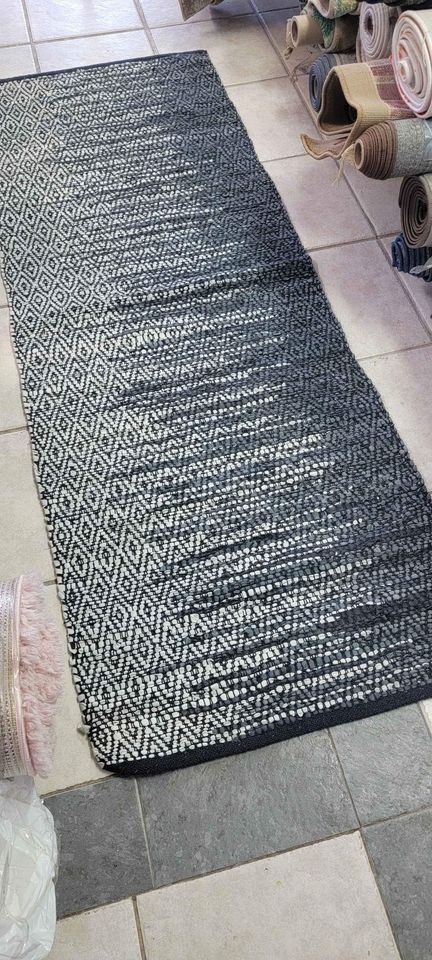 handmade Vintage 2'3x6 ft Grey Black Leather Runner Rug