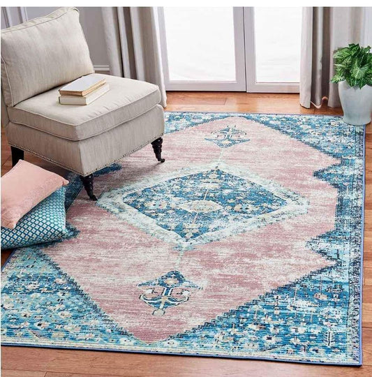 medallion Blue Rug 5x7'7ft Blue Pink Medallion Low Pile Area Rug