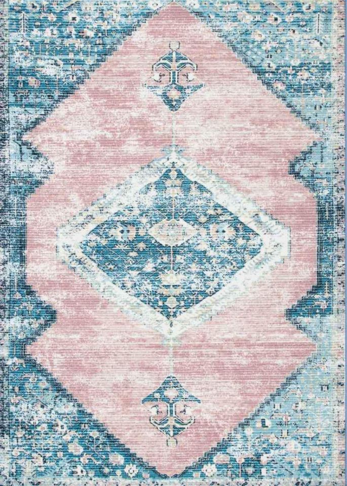 medallion Blue Rug 5x7'7ft Blue Pink Medallion Low Pile Area Rug