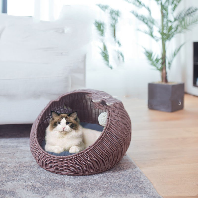 Woven Cat And Pet Nest Cozy Gourd-Shaped Cat Bed – Stylish Rattan-Like Plastic Design