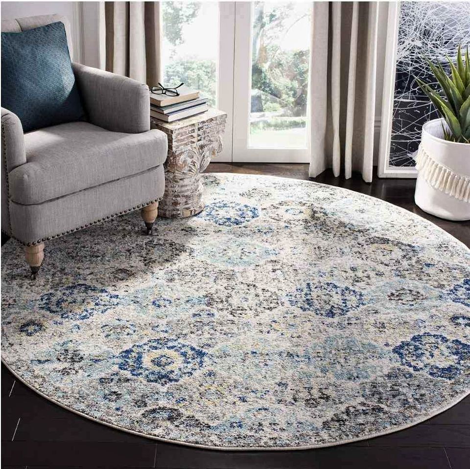 Aqua Blue Ivory Round Area Rug 7x7 ft Rug