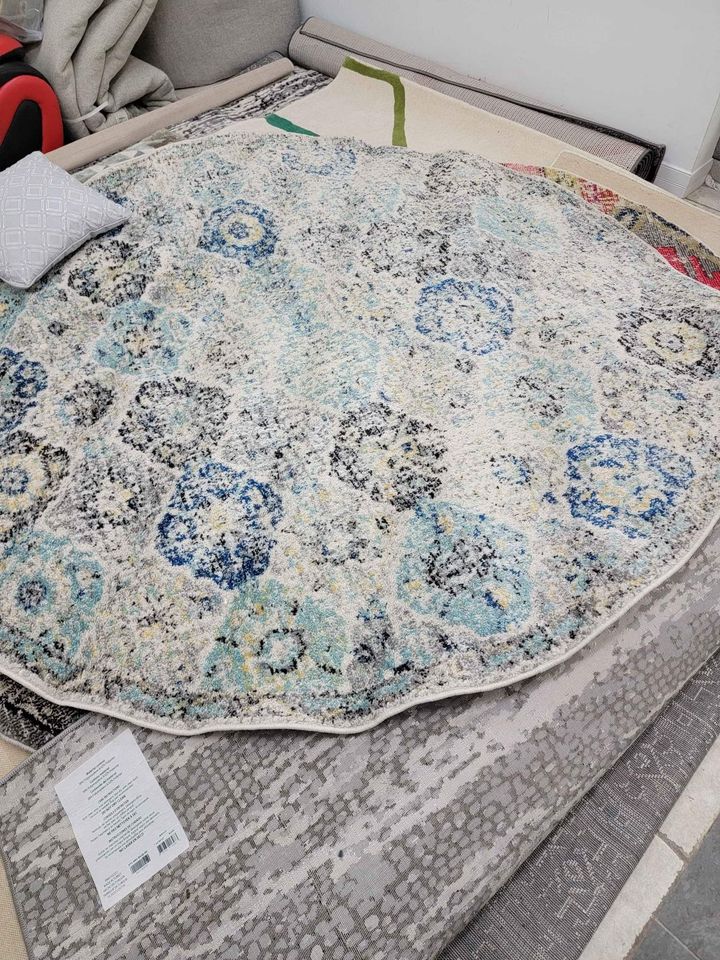 Aqua Blue Ivory Round Area Rug 7x7 ft Rug