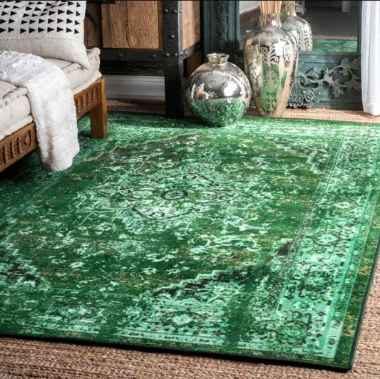 Vintage Reiko Green Area Rug 6'7x9 Green Black Medallion Area Rug