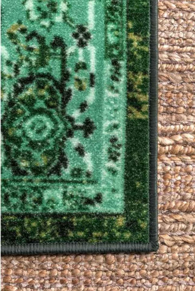 Vintage Reiko Green Area Rug 6'7x9 Green Black Medallion Area Rug