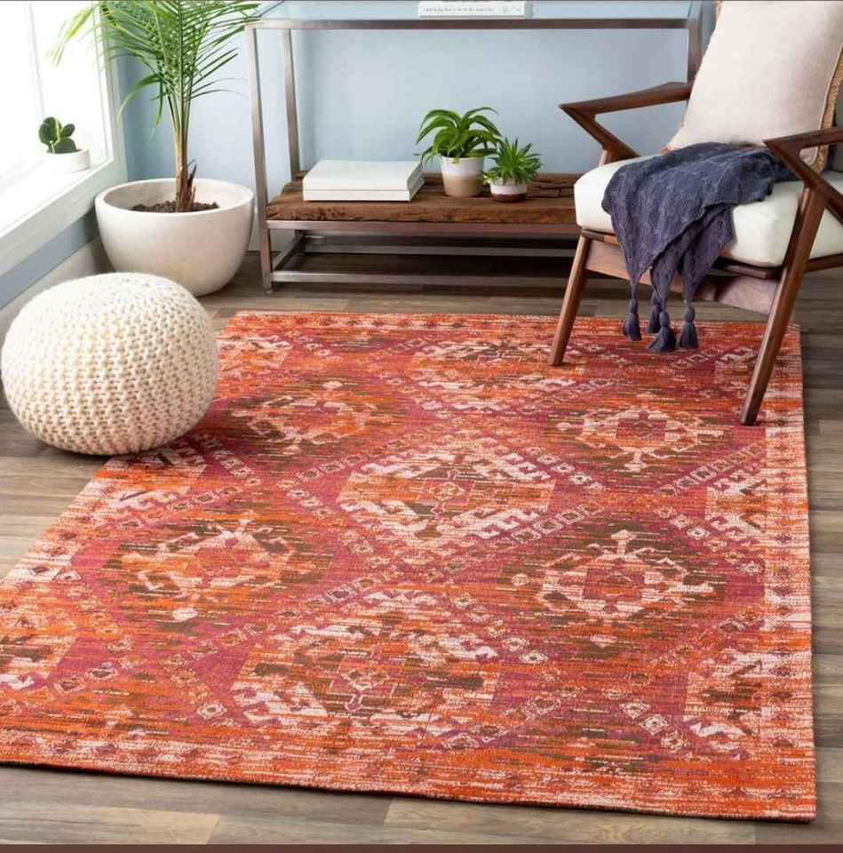Burnt Orange Red Area rug 8x10 ft Chenille Cotton Rug